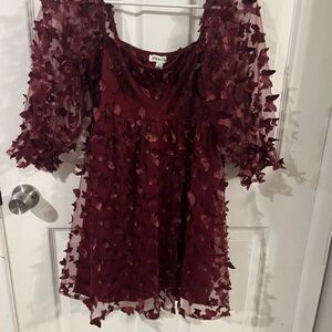 Burgundy Butterfly Textured Women's Dress